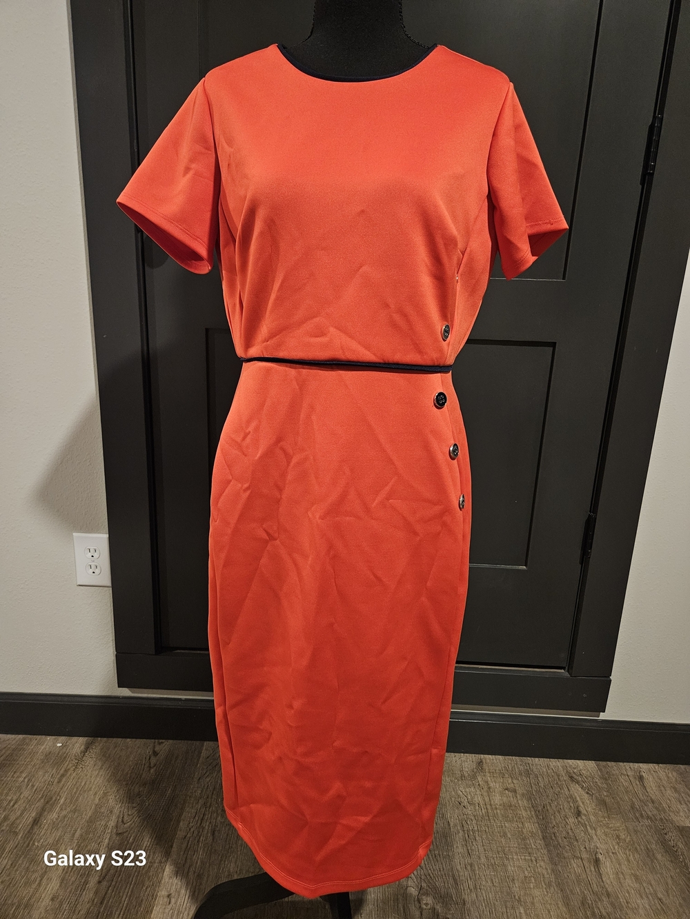 Classic Red Orange Faux Two-Piece Dress with Side Buttons